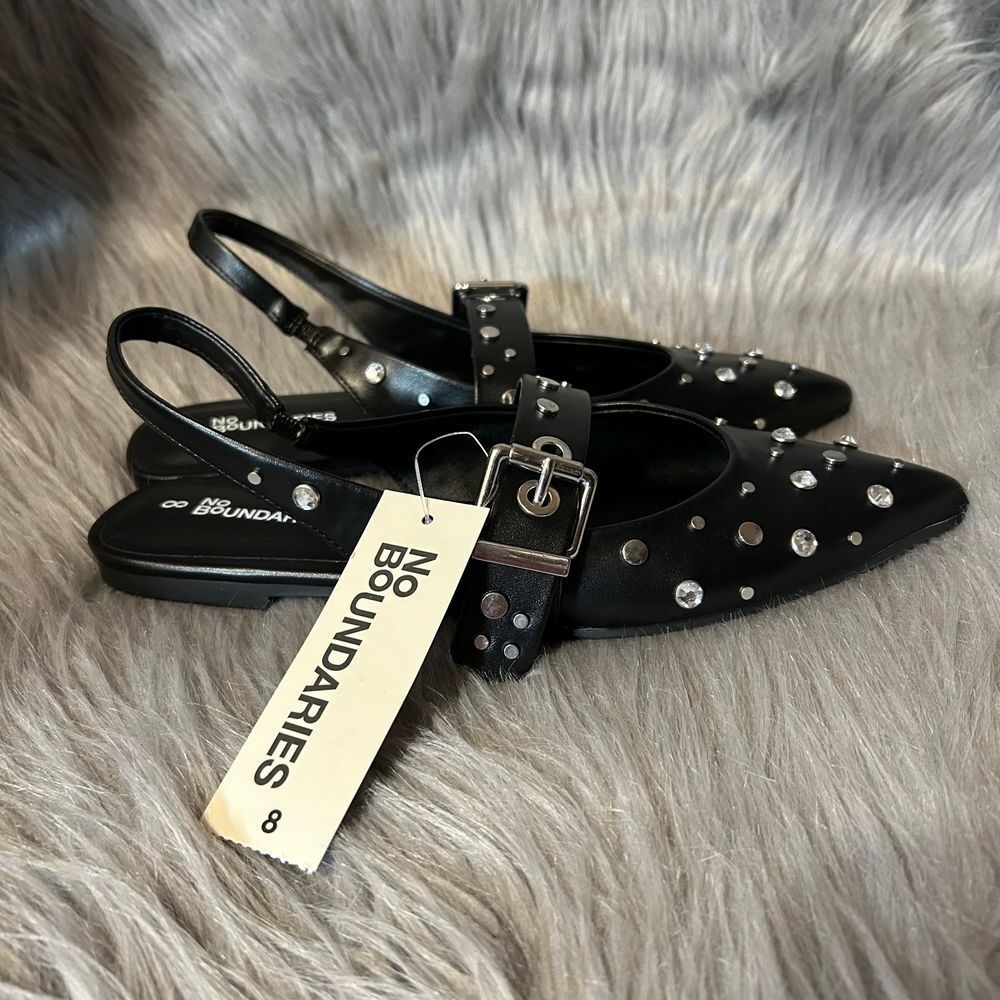 No Boundaries Studded Sling Back Flats Womens Size 8 Black Shoes Adjustable